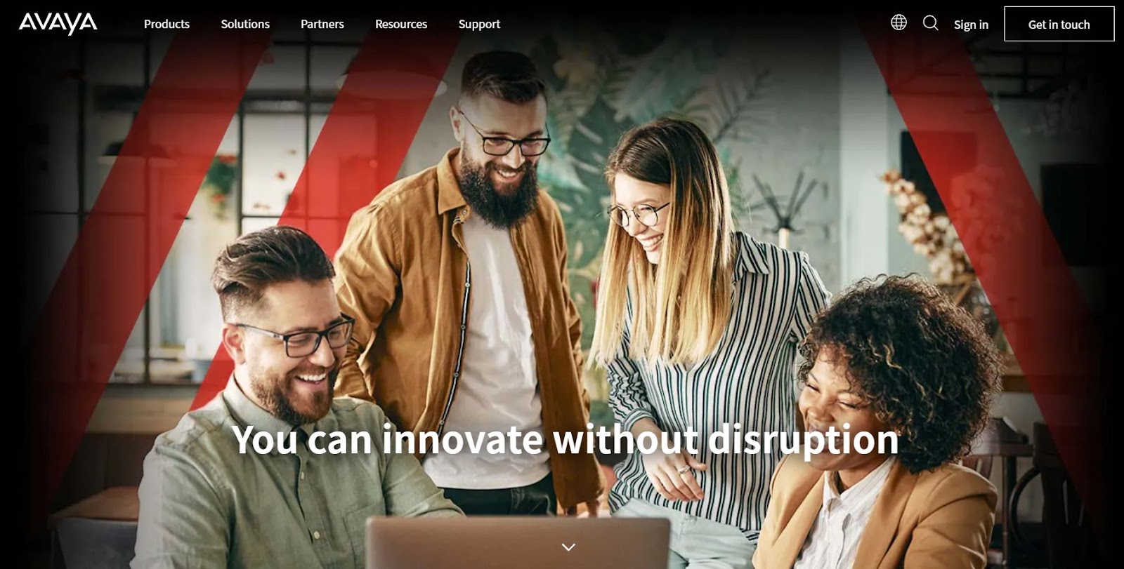 Avaya website snapshot highlighting the services it offers.
