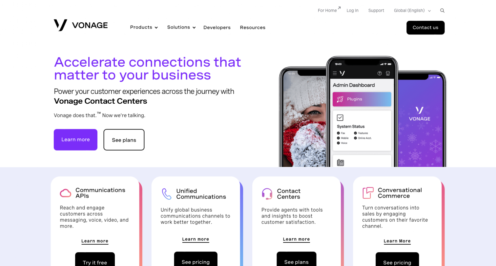 Vonage website snapshot highlighting the services it offers.