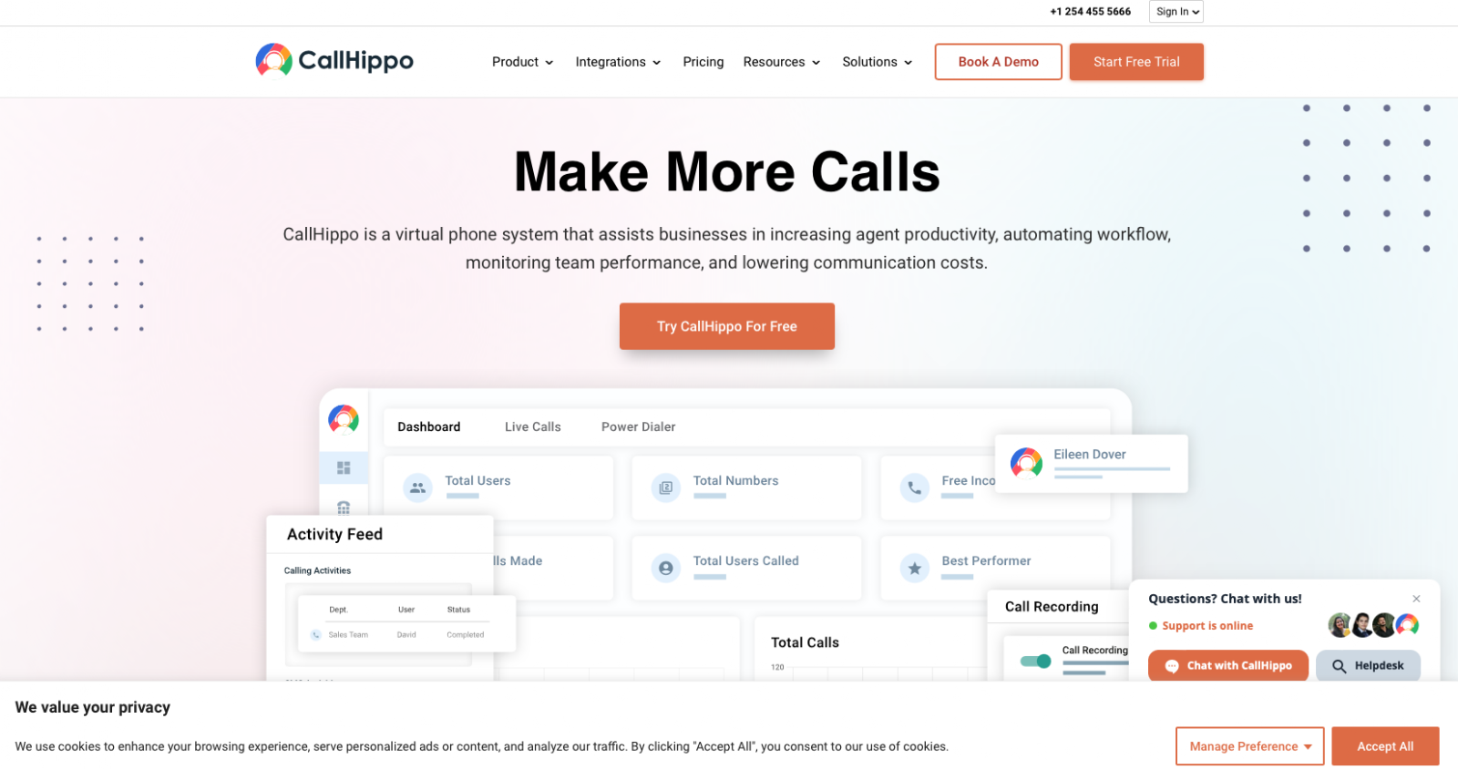 CallHippo website snapshot highlighting the services it offers.
