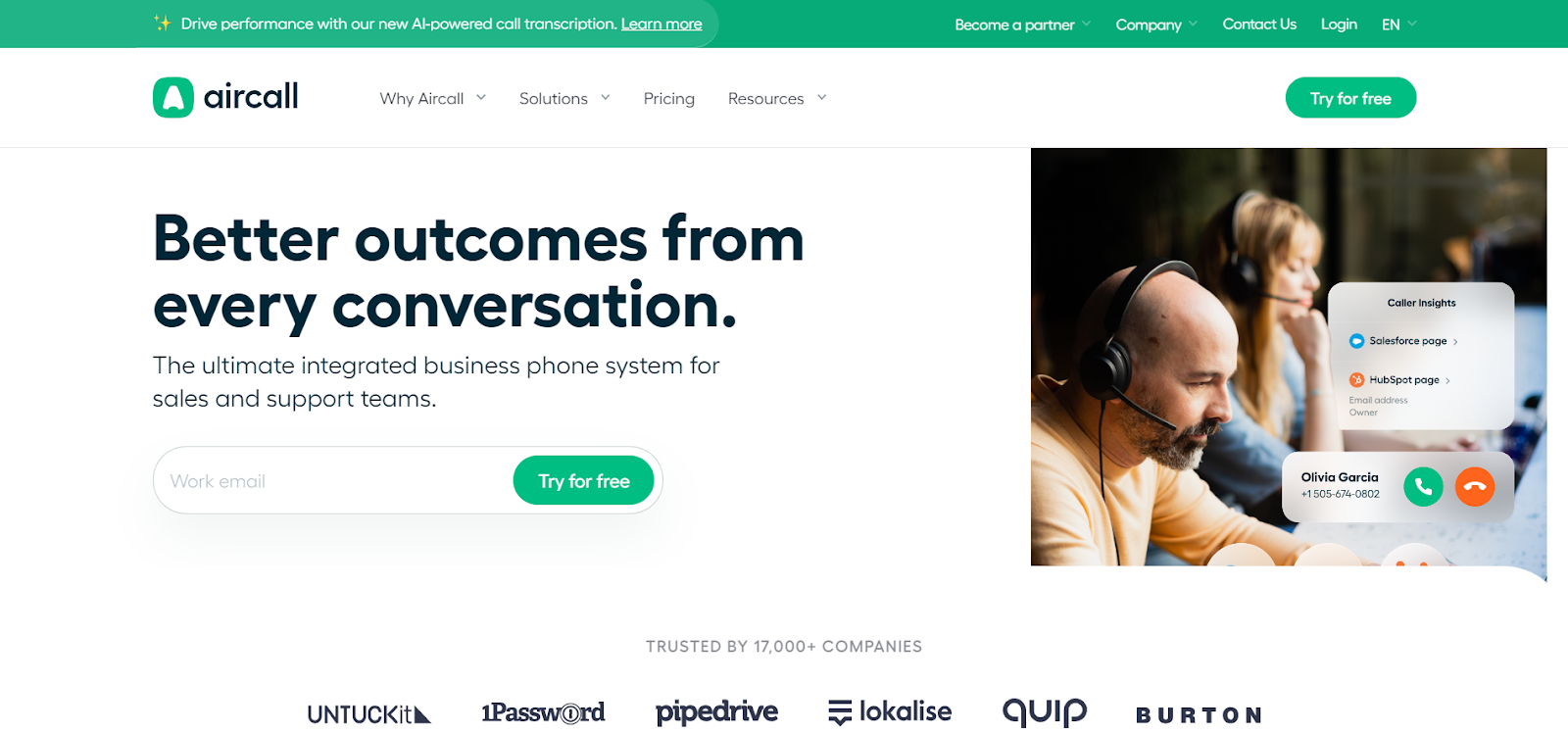 Aircall website snapshot highlighting the services it offers.