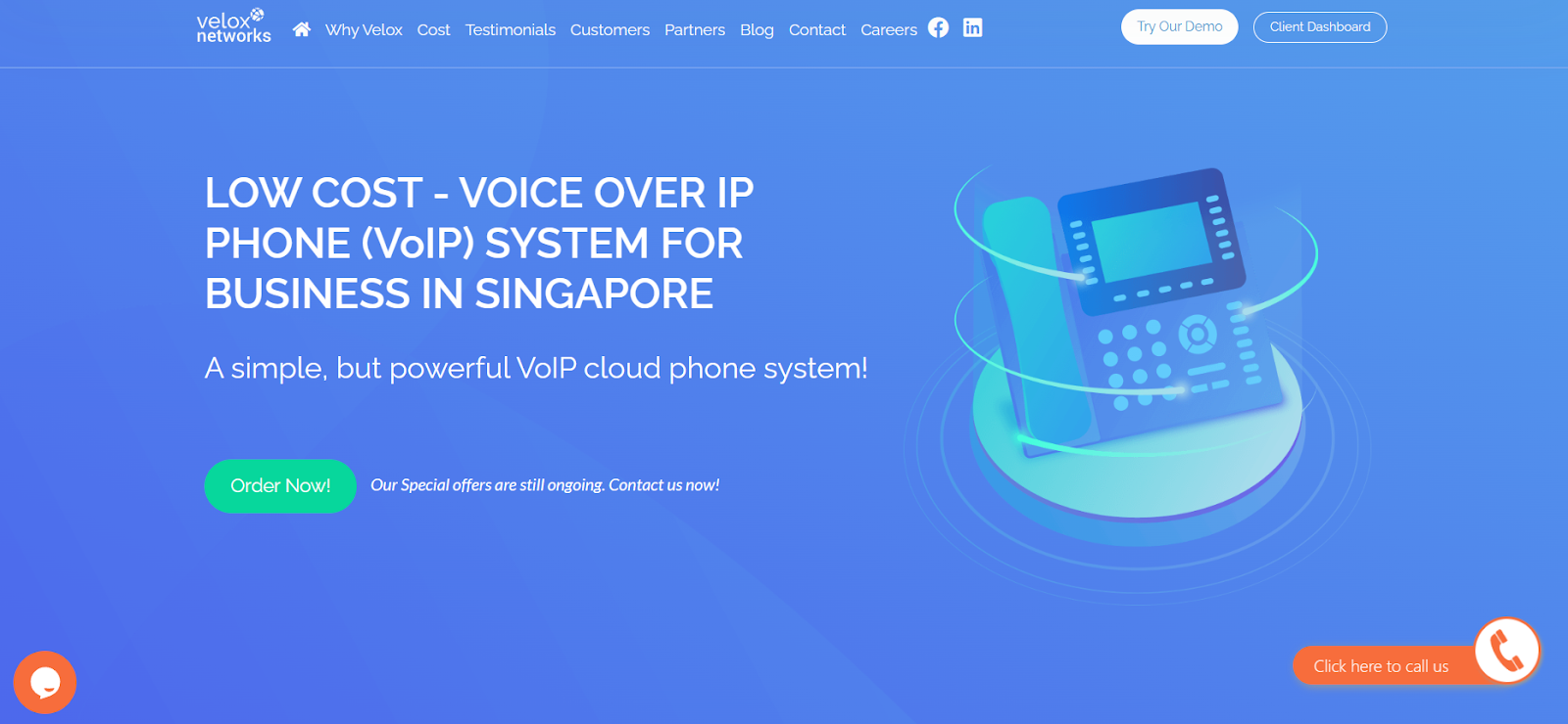 Velox Networks website snapshot highlighting the services it offers.