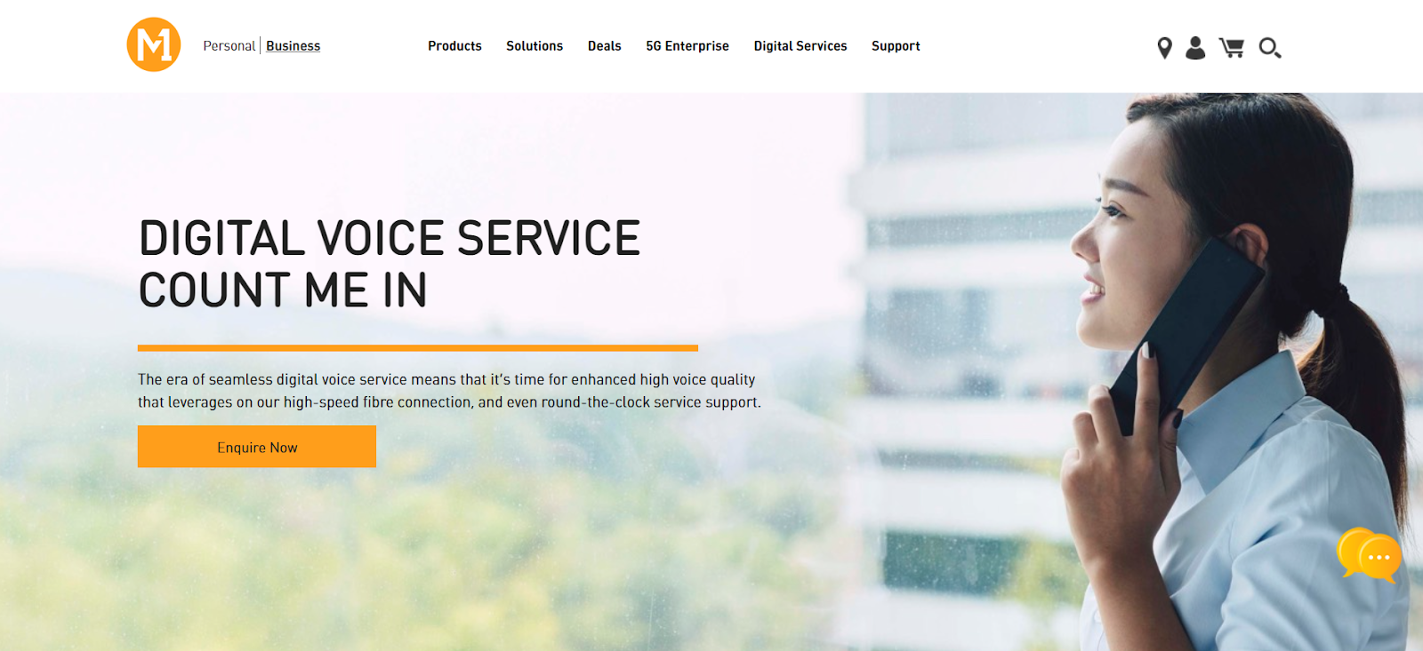 M1 website snapshot highlighting the services it offers.