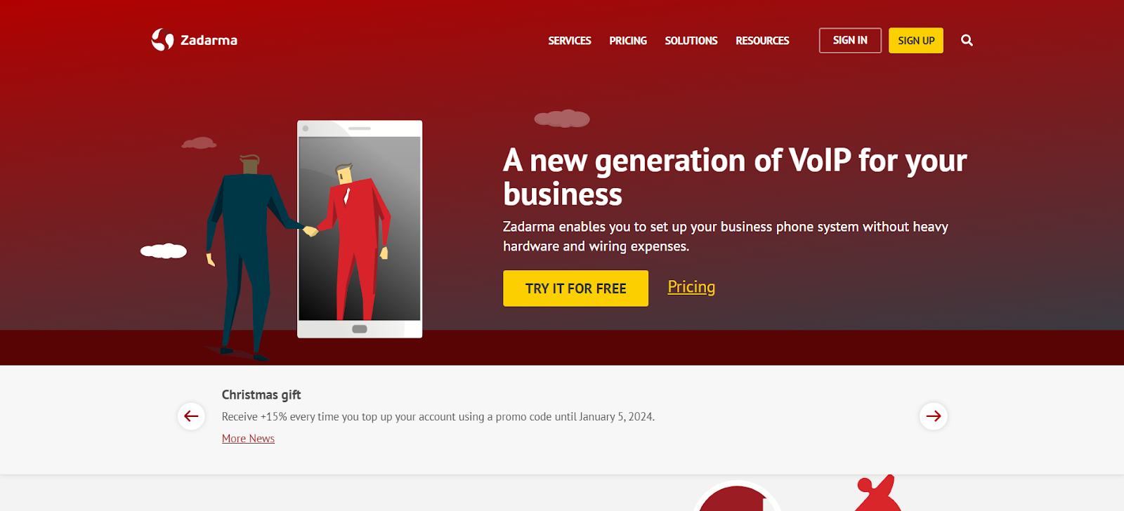 Zadarma website snapshot highlighting the services it offers.