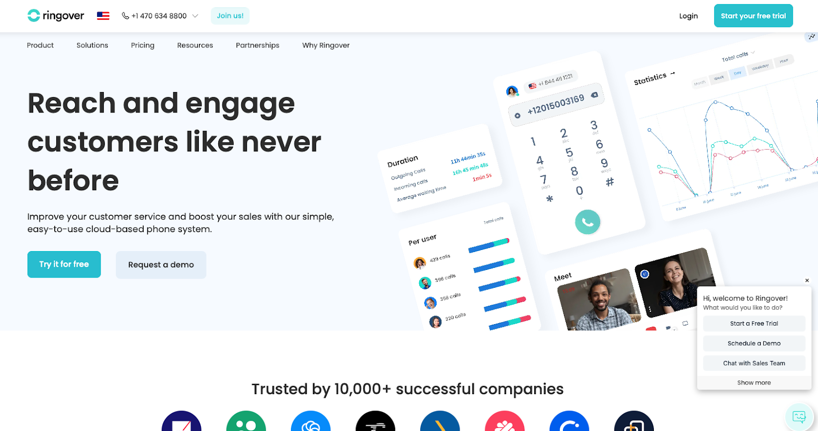 Ringover website snapshot highlighting the services it offers.