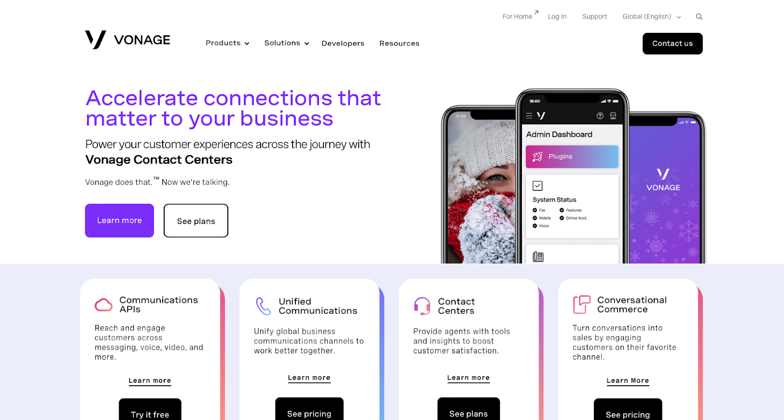 Vonage website snapshot highlighting the services it offers.