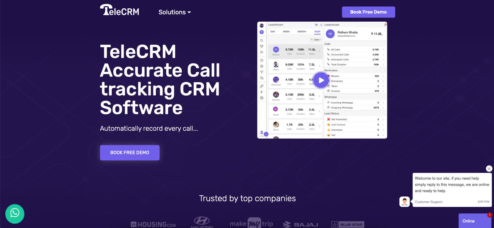 TeleCRM India cloud telephony platform showing autodialer call recording and sales reports
