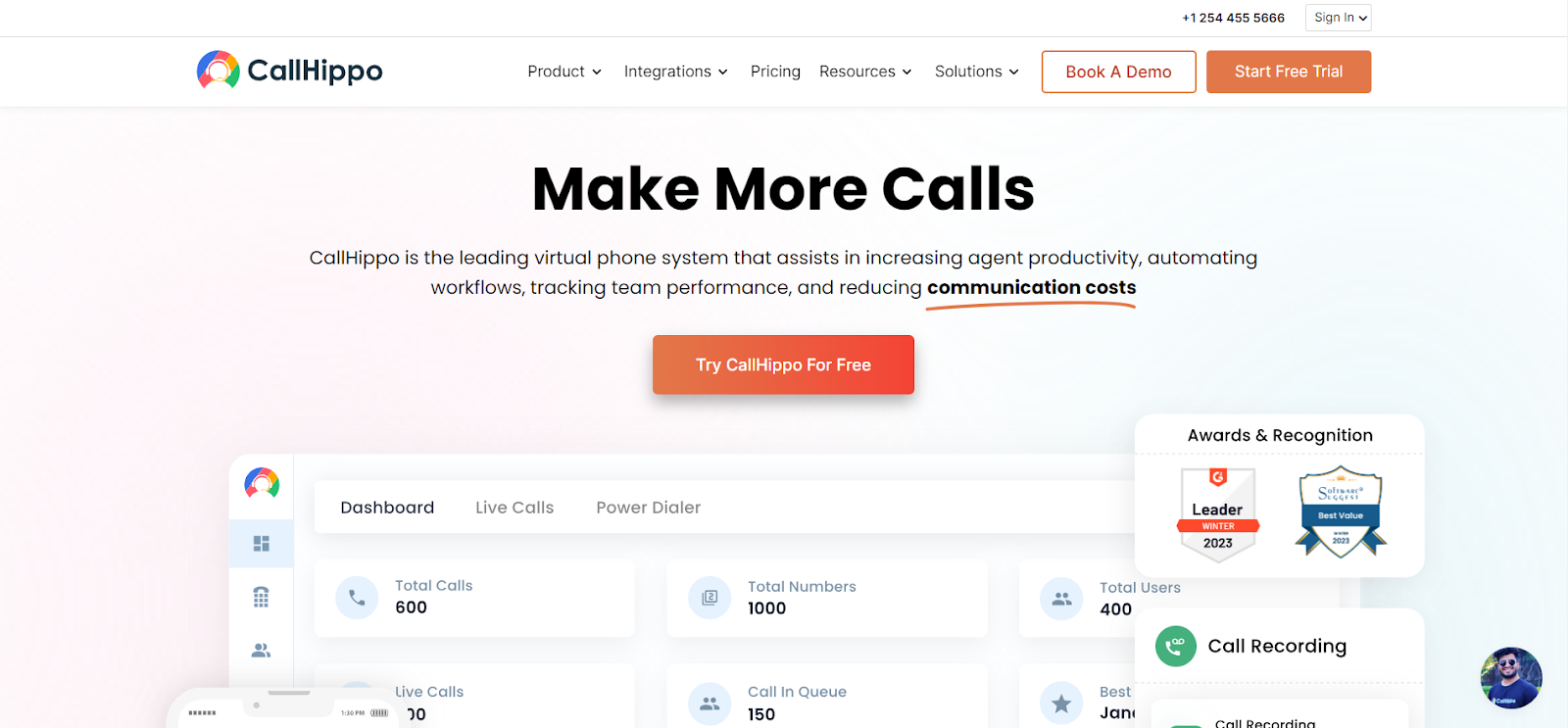 CallHippo website snapshot highlighting the services it offers.