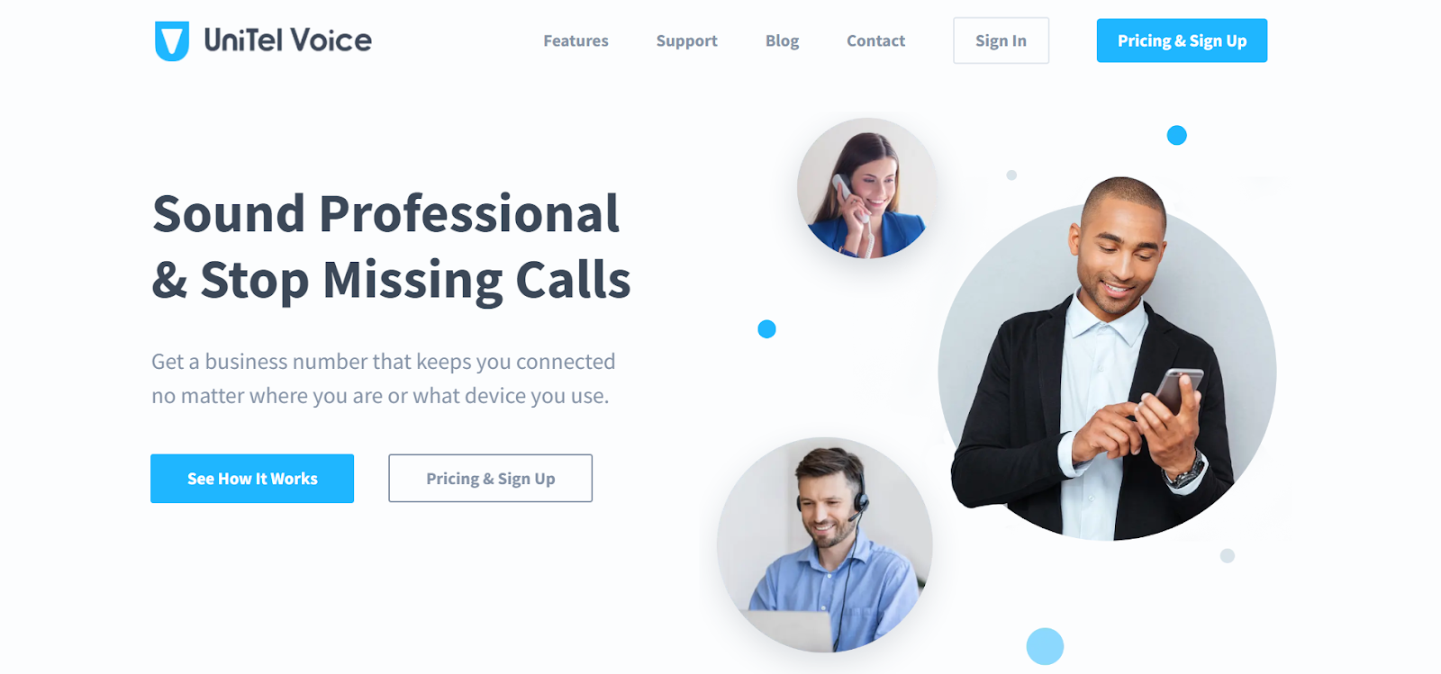UniTel Voice website snapshot highlighting the services it offers.