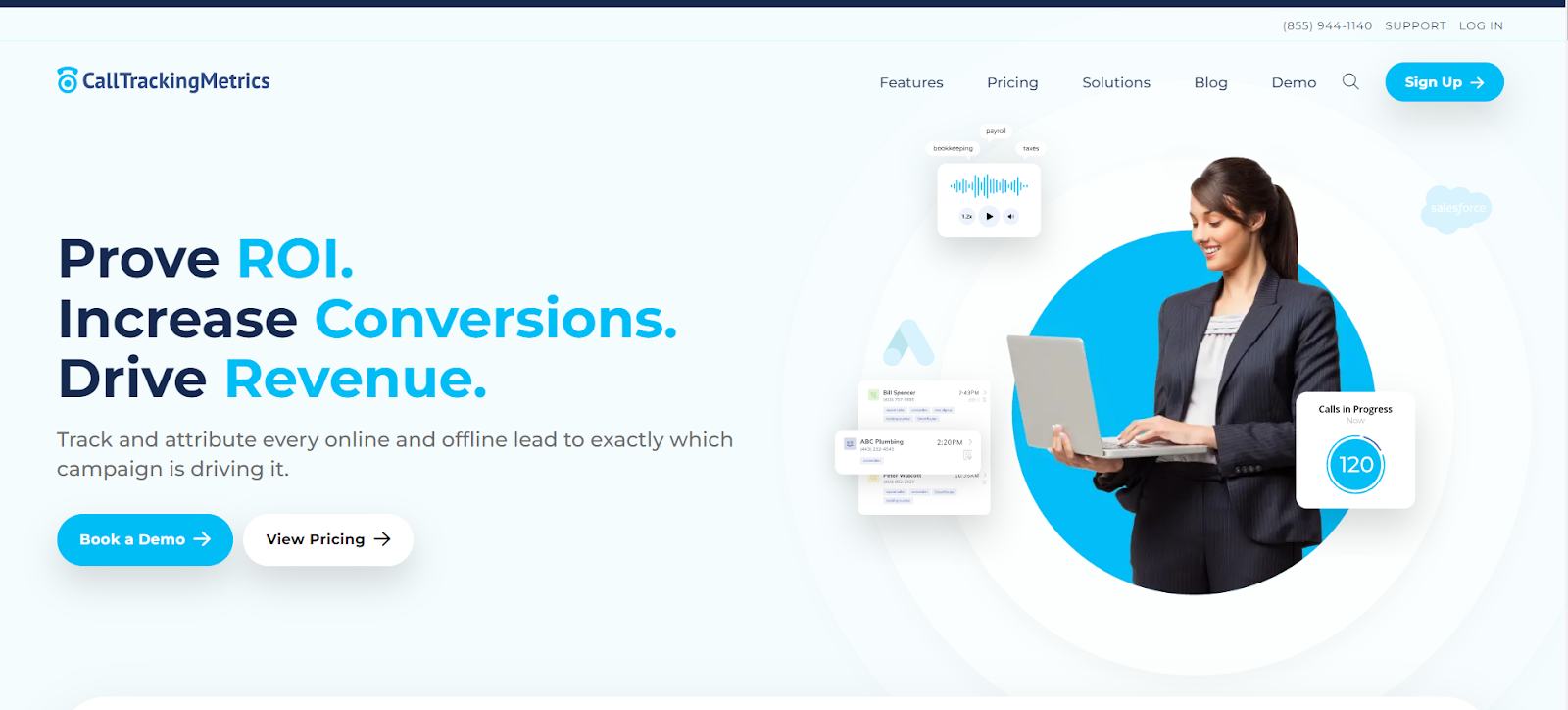CallTrackingMetrics website snapshot highlighting the services it offers.