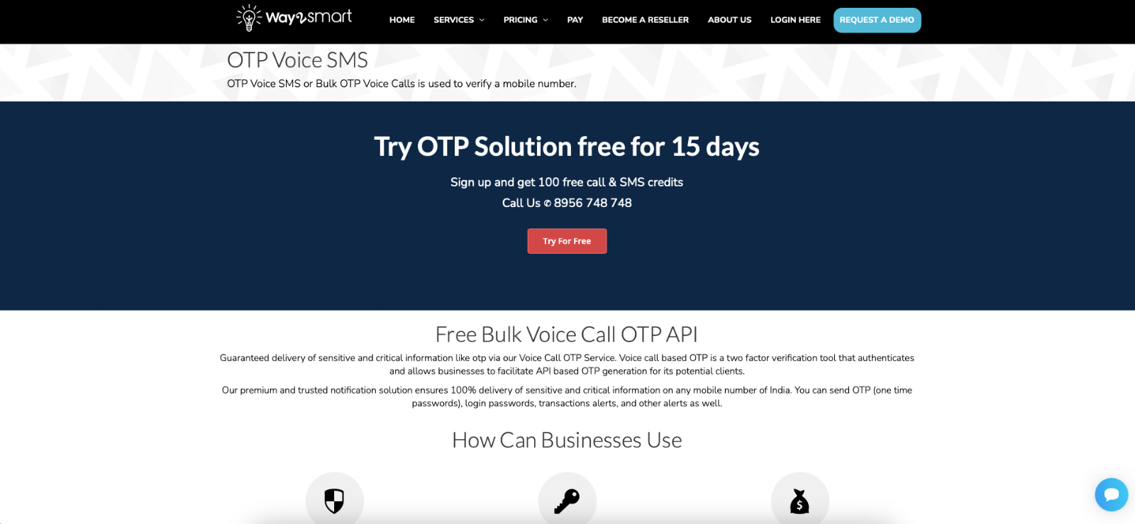 Way2smart voice OTP service for Indian SMBs with pay-per-use pricing model
