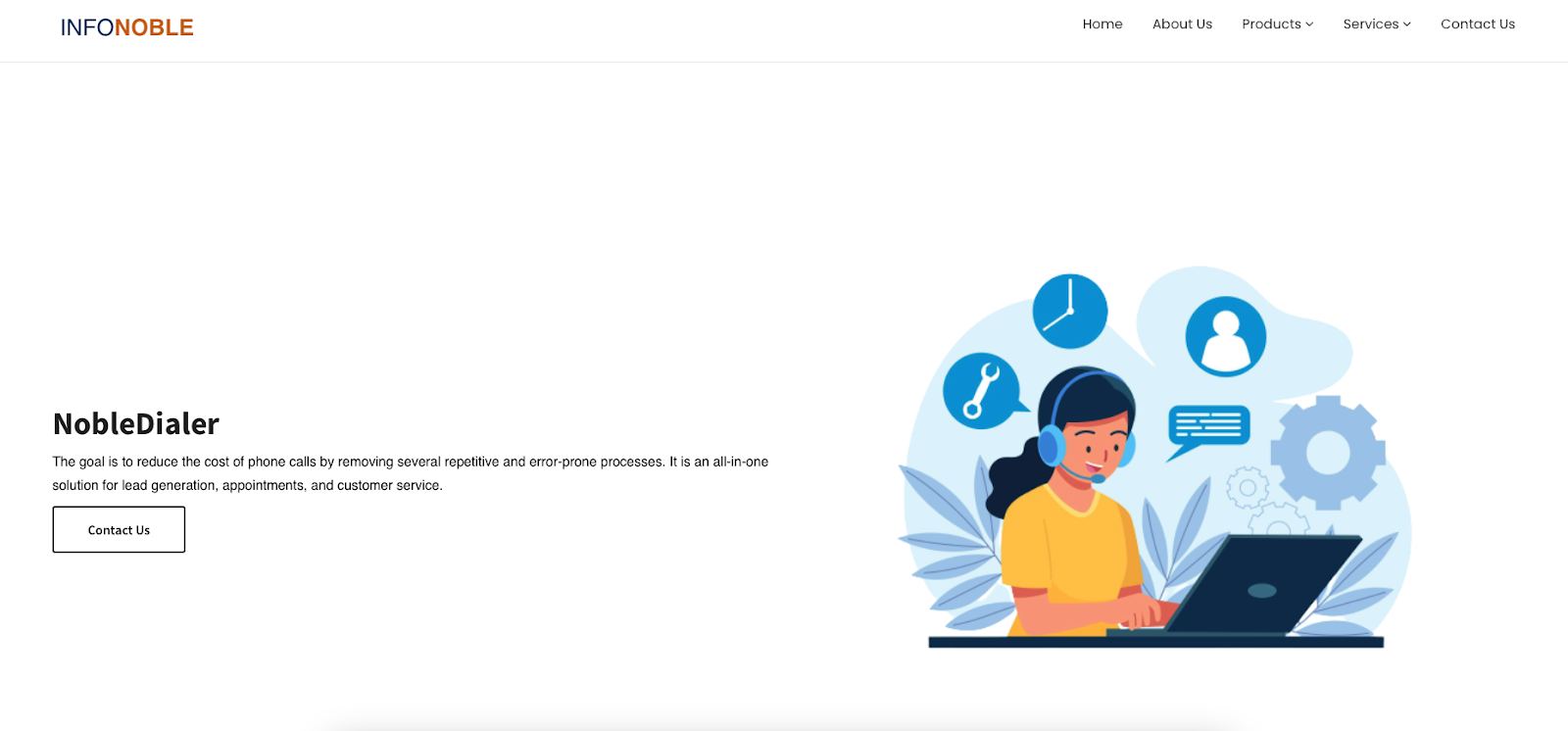 Noble Systems website snapshot highlighting the services it offers.