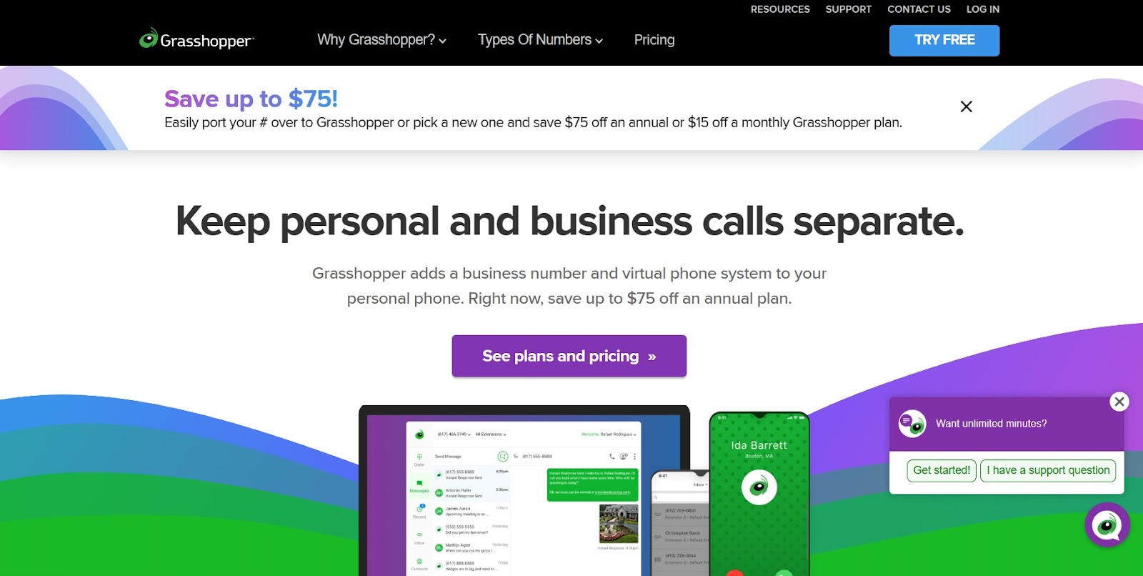 Grasshopper website snapshot highlighting the services it offers.