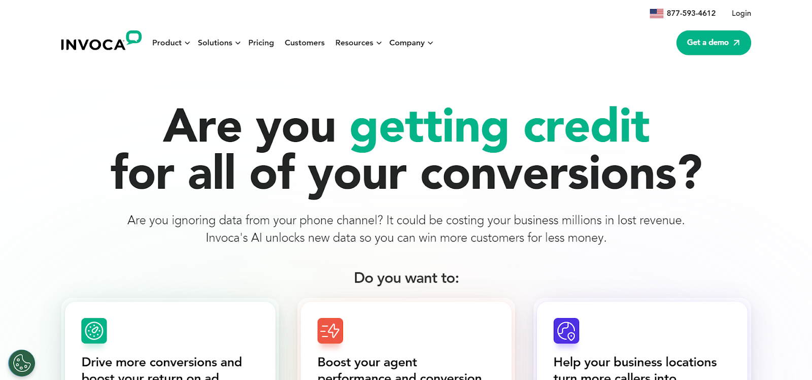 Invoca website snapshot highlighting the services it offers.