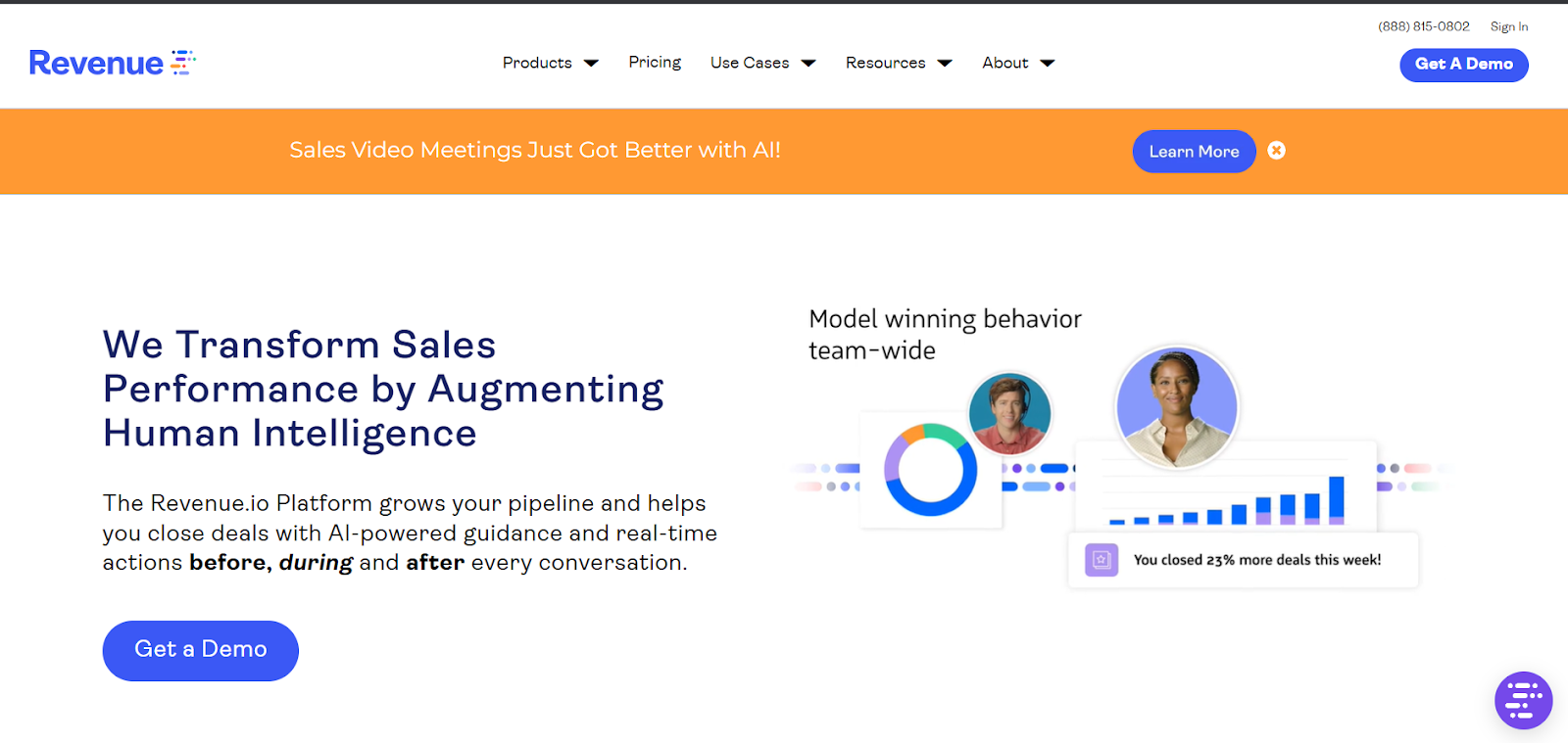 Revenue.io website snapshot highlighting the services it offers.