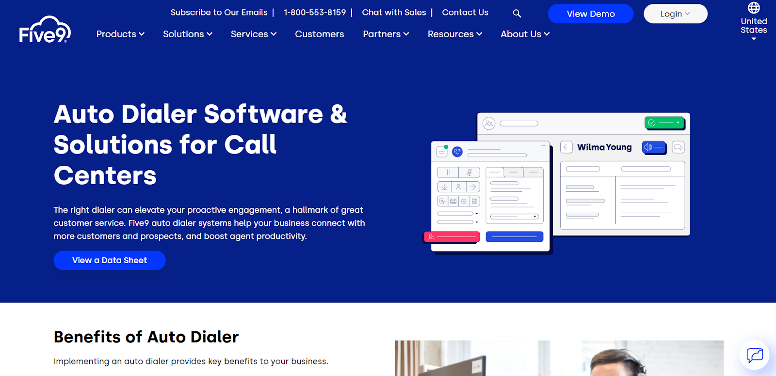 Five9 website snapshot highlighting the services it offers.