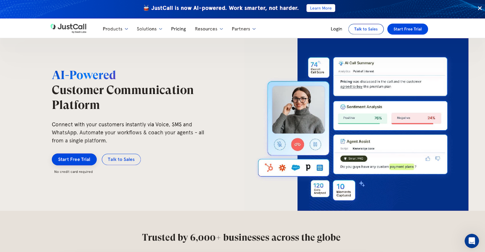 JustCall website snapshot highlighting the services it offers.