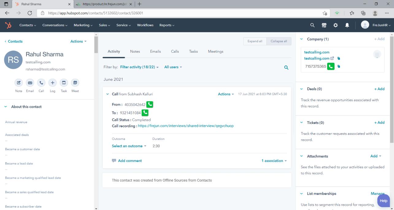 Calling directly from Hubspot using FreJun