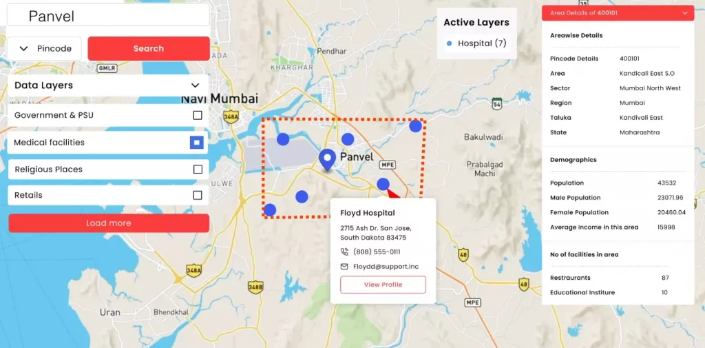 A map interface displaying the city of Panvel and surrounding areas, highlighting medical facilities. The map includes several blue markers indicating the locations of hospitals. A sidebar on the left contains a search box with "Panvel" entered, options to filter by data layers such as Government & PSU, Medical facilities, Religious Places, and Retails, and a "Load more" button. The sidebar on the right shows active layers, listing "Hospital (7)" and detailed area information for the pincode 400101, including demographics and the number of facilities in the area. A popup on the map highlights "Floyd Hospital" with its address, contact information, and a "View Profile" button.