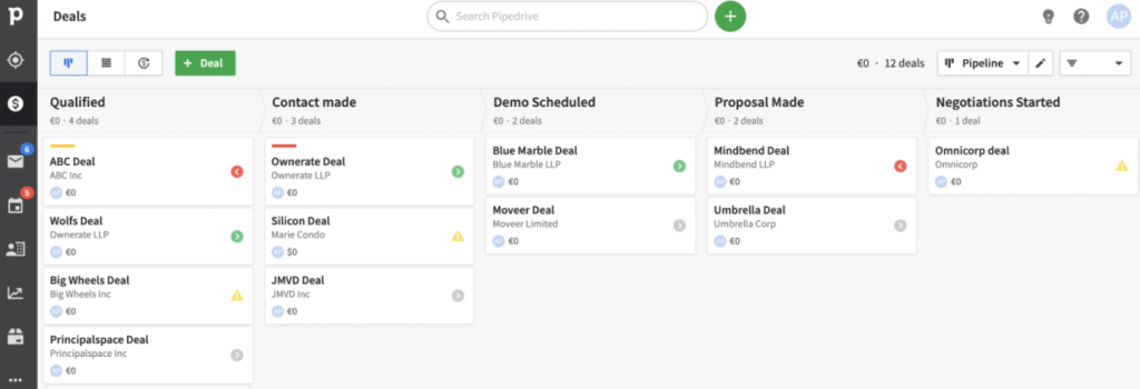 A screenshot of a sales pipeline management interface displaying various deals at different stages. The stages are organized in columns: "Qualified," "Contact made," "Demo Scheduled," "Proposal Made," and "Negotiations Started." Each column lists deals under its respective stage, showing the deal name, associated company, and deal value (all shown as €0). Some deals have colored icons indicating different statuses or actions required. The interface includes a search bar at the top, a green "+ Deal" button, and options to switch views or filter the deals. The sidebar on the left has navigation icons for different sections of the application.