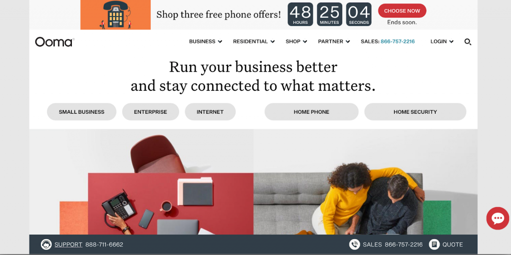 Ooma website snapshot highlighting the services it offers.