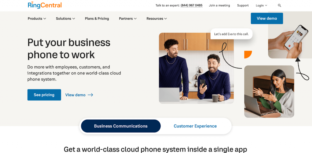 RingCentral website snapshot highlighting the services it offers.