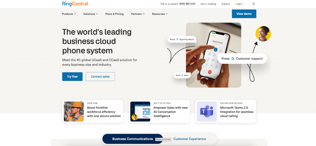 RingCentral website snapshot highlighting the services it offers.5