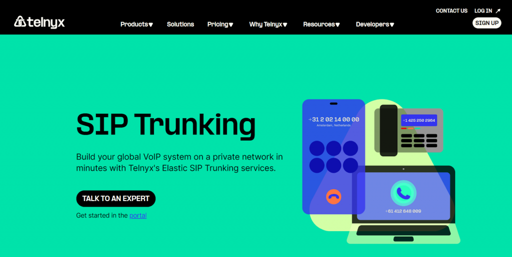 Telnyx website snapshot highlighting the services it offers.