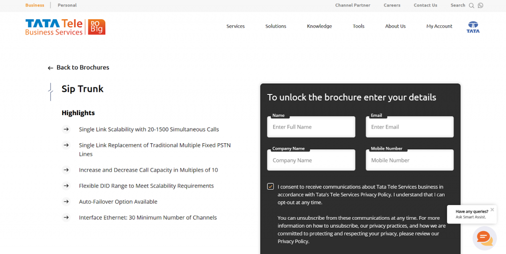 Tata Teleservices website snapshot highlighting the services it offers.