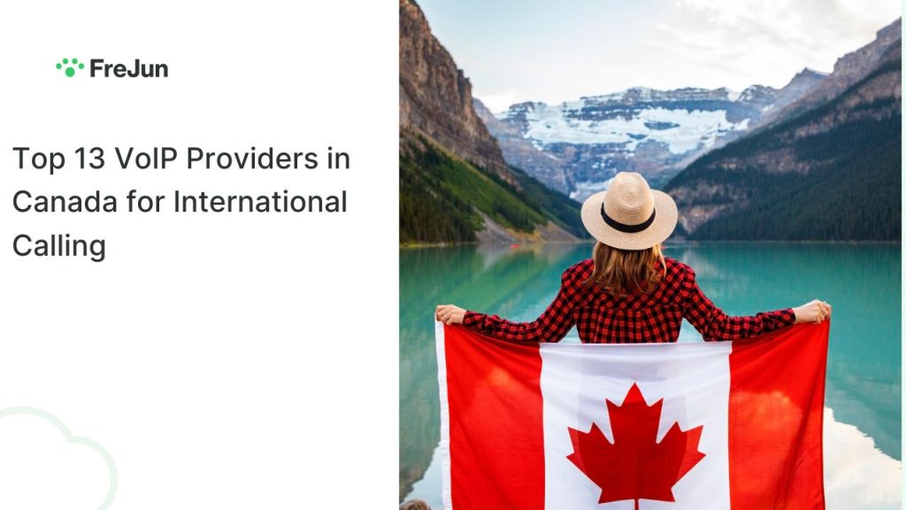 Person holding a Canadian flag in front of a scenic mountain lake, representing the top 13 VoIP providers in Canada for international calling.