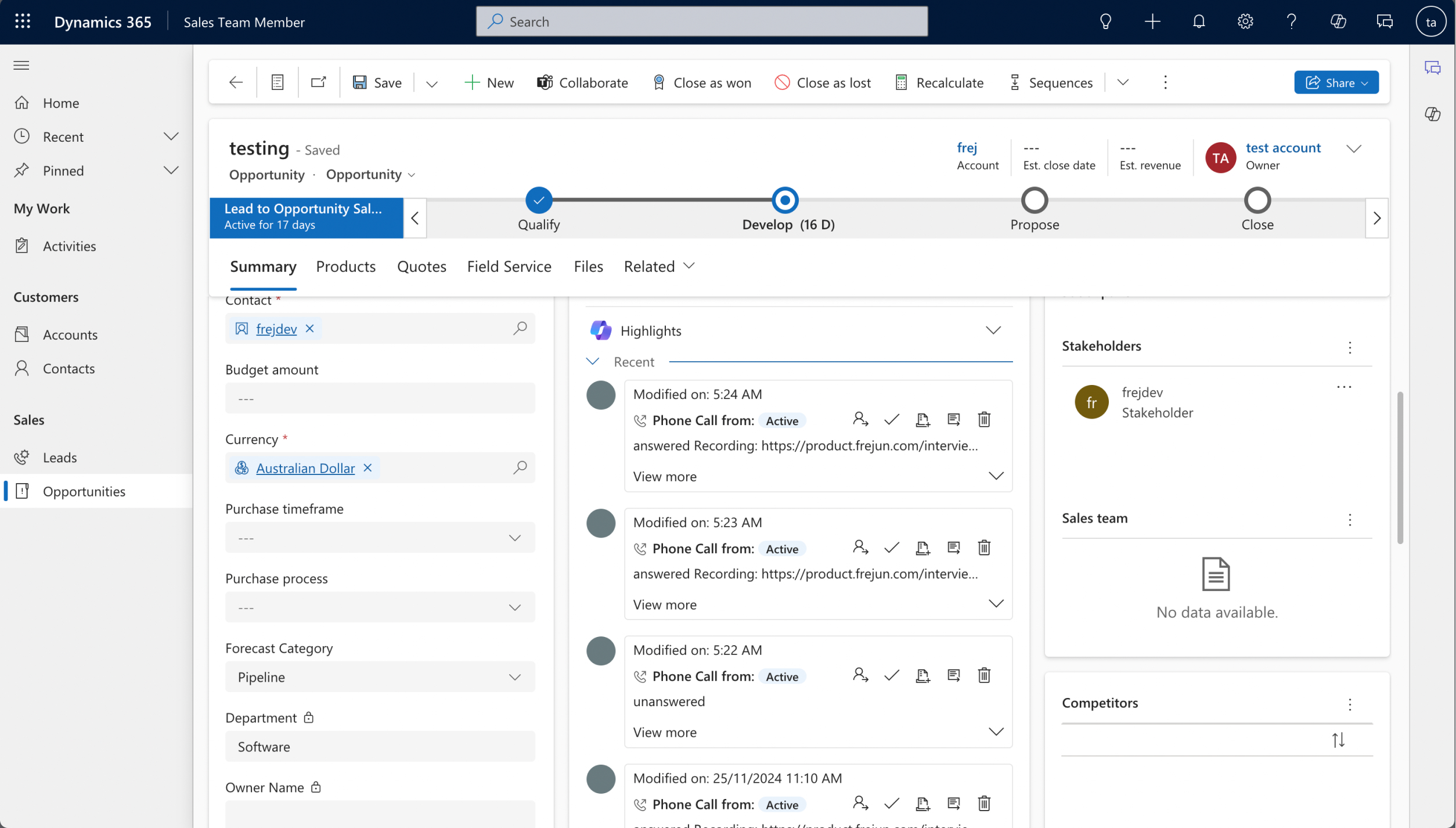 Call logs inside Dynamics 365