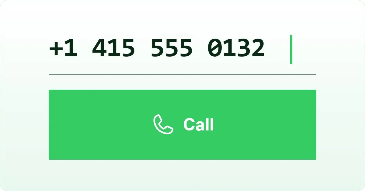 Online phone call steps: a US number typed into a browser dialer with a green Call bar.