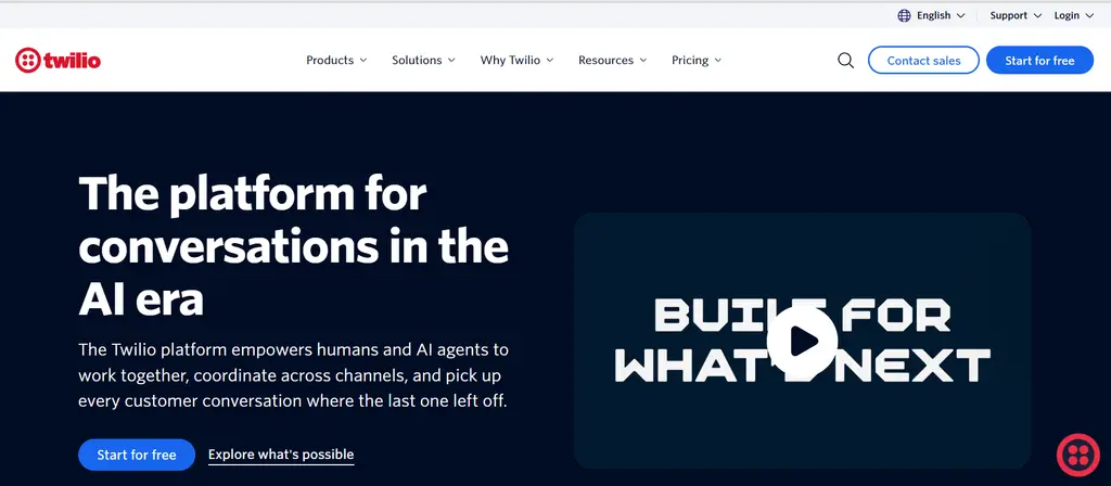 Twilio homepage with dark navy background and headline "The platform for conversations in the AI era" alongside a 3D abstract video thumbnail featuring red and blue block structures