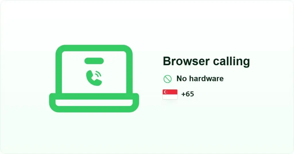 Cloud calling software Singapore: laptop with a call icon on screen, labelled browser calling, no hardware.