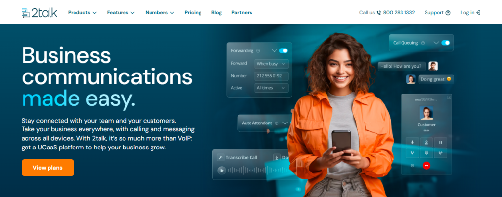 2talk homepage with headline "Business communications made easy." — a UCaaS platform for calling and messaging across all devices, featuring a smiling woman holding a smartphone alongside UI panels for call forwarding, call queuing, auto attendant, call transcription, and live customer call controls
