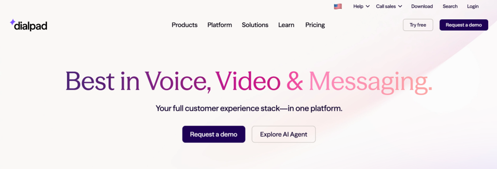 Dialpad homepage featuring AI contact center and unified communications
