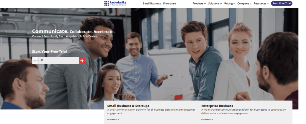 Knowlarity website homepage with the tagline 'Communicate. Collaborate. Accelerate.' and a phone number input for a free trial, with sections for Small Business & Startups and Enterprise Business communication solutions.