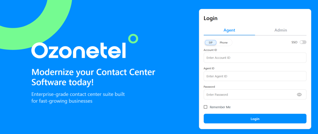 Ozonetel homepage featuring AI-powered cloud contact center platform with business calling, omnichannel communication, and customer engagement solutions