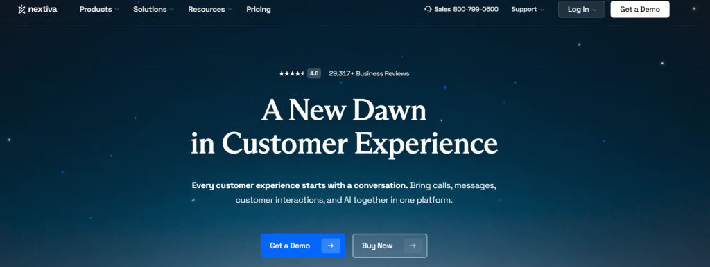 Nextiva homepage featuring AI-powered business communication and cloud phone solutions