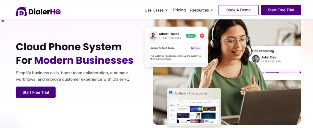 DialerHQ homepage featuring AI-powered cloud phone system with auto dialer, VoIP calling, CRM integrations, and business communication solutions