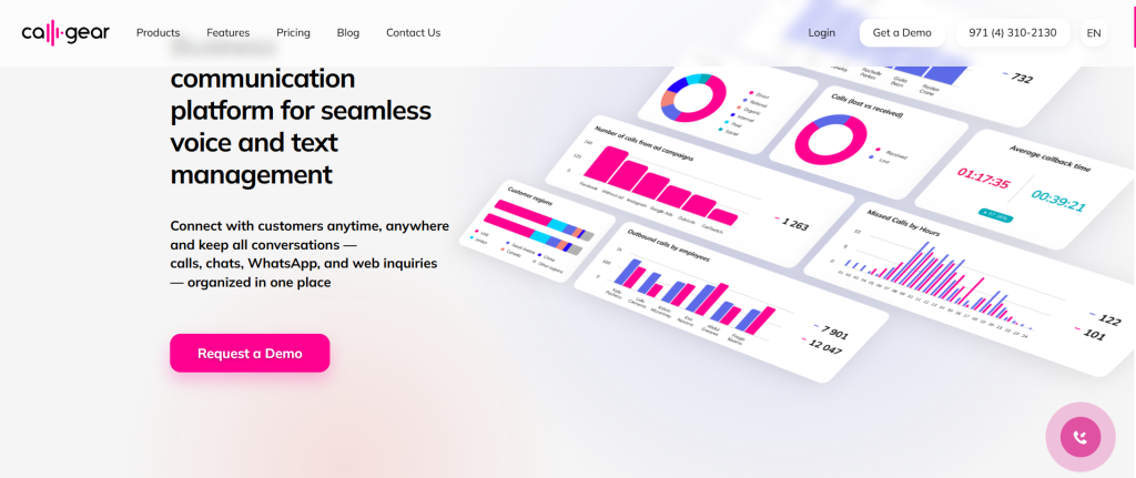 CallGear homepage featuring AI-powered call tracking software for business communication and marketing analytics