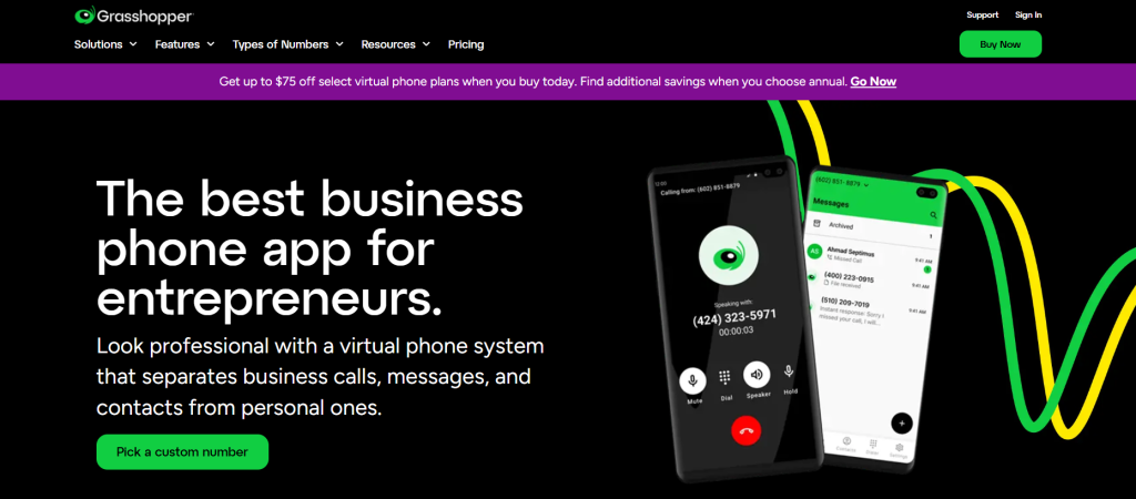 Grasshopper homepage featuring a virtual business phone system for entrepreneurs and small businesses