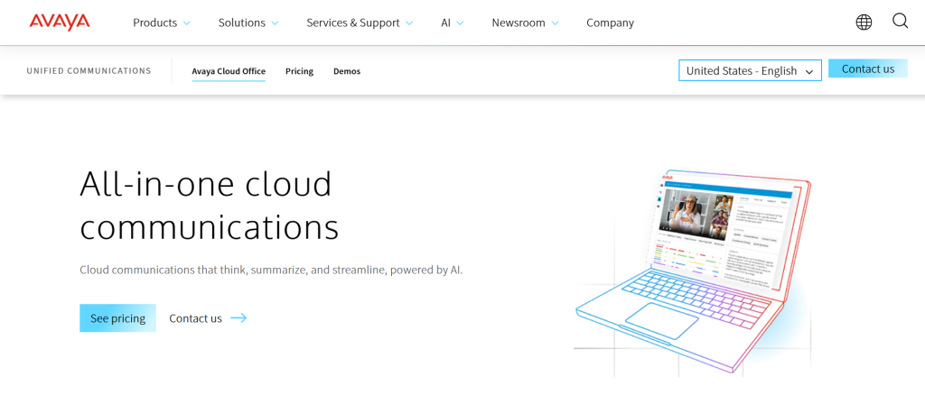 Avaya homepage featuring AI-powered business communication and cloud contact center solutions