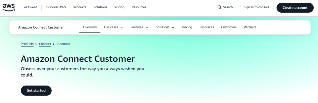 AWS Amazon Connect Customer product page with headline "Obsess over your customers the way you always wished you could." on a mint green gradient background, with navigation tabs for Overview, Use cases, Features, Solutions, Pricing, Resources, Customers, and Partners


