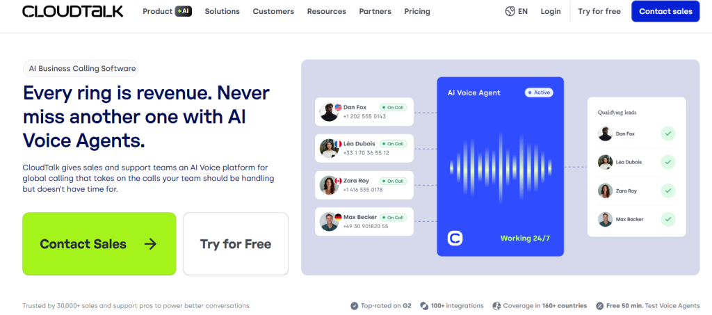 CloudTalk homepage promoting AI business calling software with AI voice agents for sales, support, and global communication.