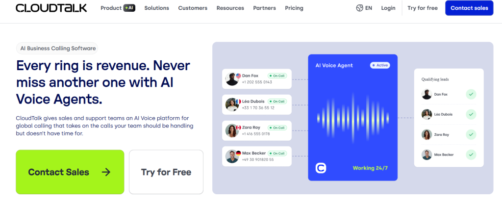 CloudTalk website homepage showing the headline 'Every ring is revenue. Never miss another one with AI Voice Agents.' with a product UI illustration of an AI Voice Agent handling multiple simultaneous calls and qualifying leads.