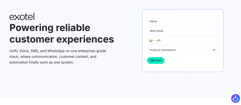 Exotel homepage featuring AI-powered cloud communication platform with business calling, contact center, messaging, and customer engagement solutions