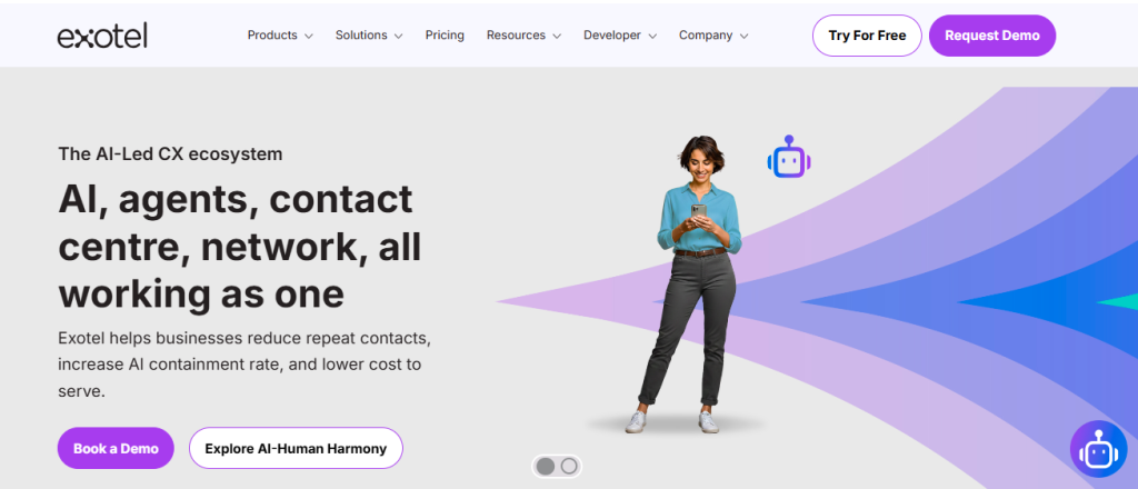 Exotel homepage with headline "AI, agents, contact centre, network, all working as one" — an AI-led CX ecosystem that reduces repeat contacts and lowers cost to serve, featuring a woman using a smartphone alongside an AI bot icon on a purple gradient background
