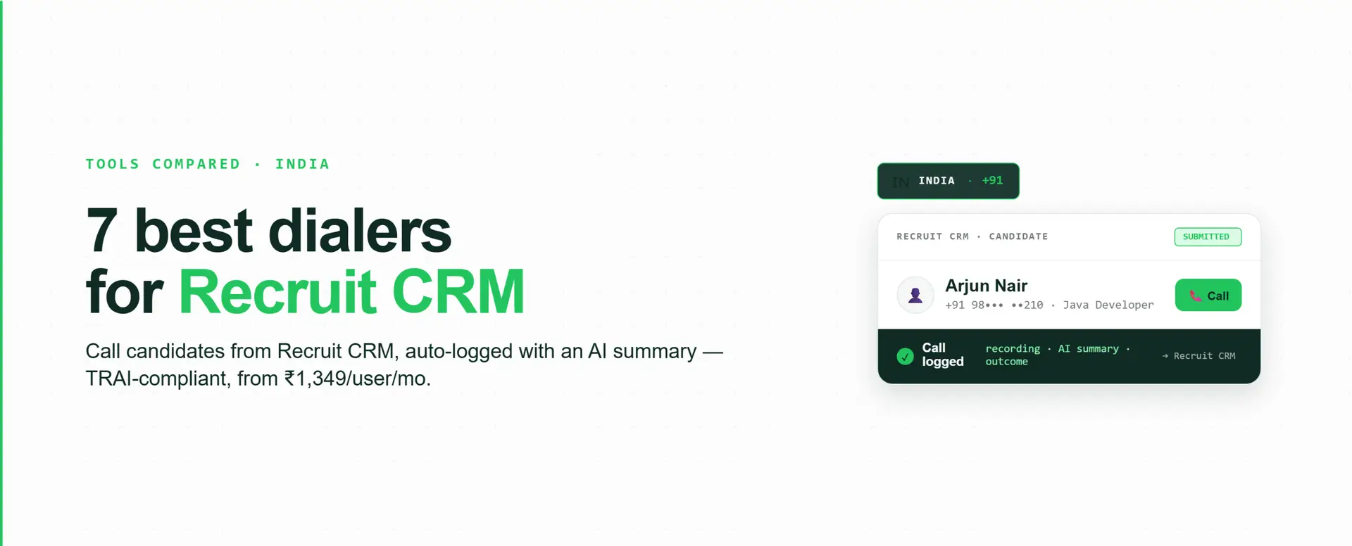 Recruit CRM candidate card with a 🇮🇳 +91 click-to-call button and a call auto-logged with AI summary back to Recruit CRM, in FreJun's green palette.