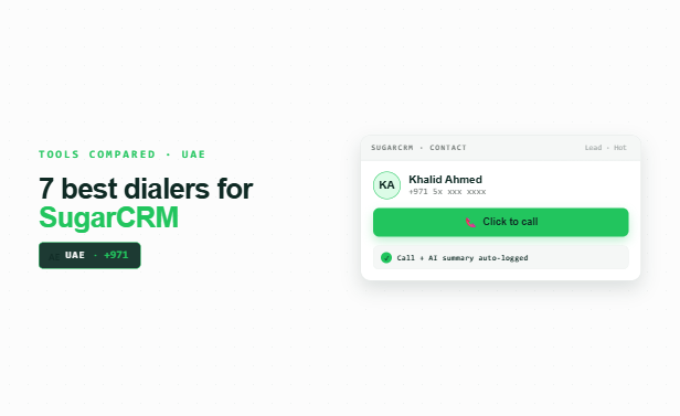 SugarCRM contact card with a +971 lead and a click-to-call button that auto-logs the call and AI summary, 🇦🇪 +971 anchor, in FreJun's green palette
