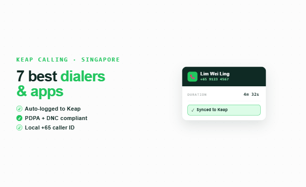 Keap call card with duration and sync status, checklist for PDPA compliance and local +65 caller ID, FreJun green palette.